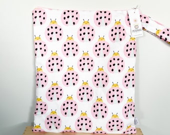 Extra Large Wet Bag | XL Wetbag for Cloth Diapers, Swim Gear, Travel, or Gym | The Icky Bag XL by PETUNIAS | Pink Ladybug Fabric