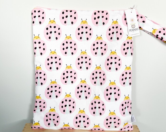 The ICKY Bag XL - wetbag - PETUNIAS by Kelly -  Indie Designer Fabric Series - pink ladybugs