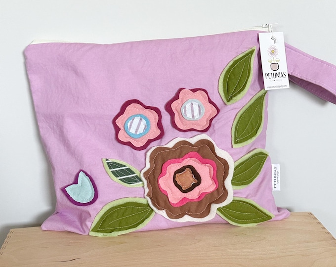 Medium Wet Bag | Reusable Wetbag for Diapers, Travel, Swim, Gym, Makeup, or Toiletries | Eco-Friendly Storage by PETUNIAS | Flower Applique