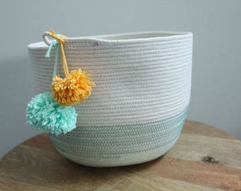 Basket rope coil bin storage organizer bowl pompoms natural mint gold by PETUNIAS