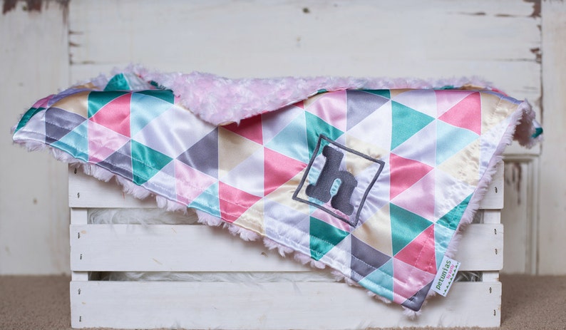 Personalized Little Fluffy Baby Blanket satin minky chevron geometric triangle hipster baby gift security blanket lovie lovey shower gift image 2