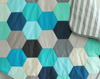 Baby QUILT hexagon modern hipster by PETUNIAS - heirloom vintage style blanket nursery decor vintage newborn shower gift room crib bedding