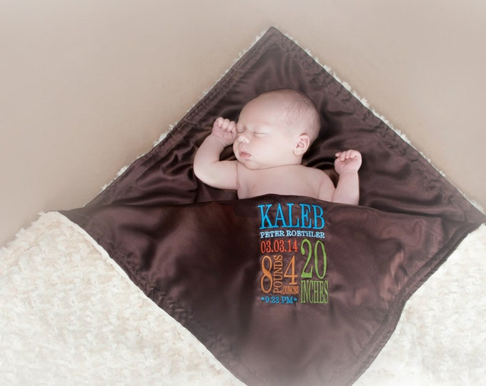 Blanket Birth stat personalized Large Fluffy Blanket - minky satin birth stats embroidery newborn gift photo prop baby blanket monogram