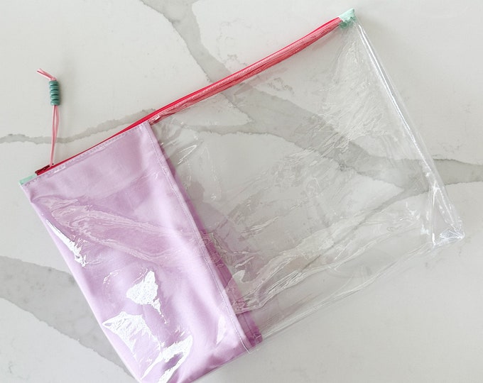 Stylish Clear Zipper Pouch | Transparent Vinyl Bag with Fun Fabric Trim for Makeup, School Supplies, and Gifts | Extra Large Bag