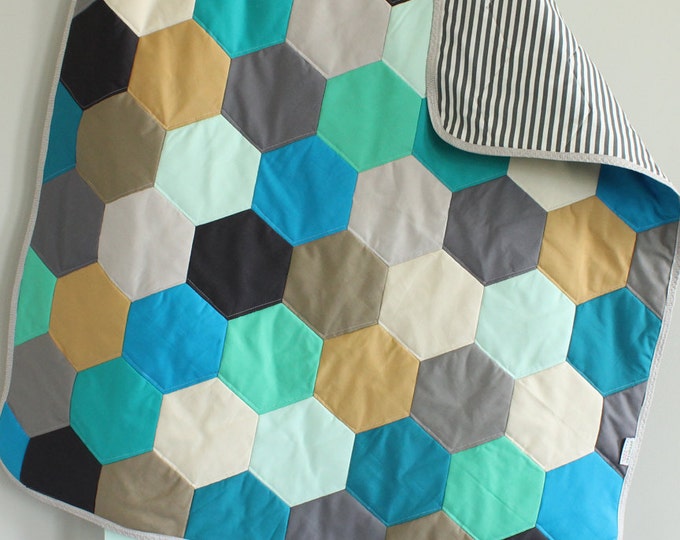 Handmade Hexagon Baby Quilt | Heirloom Quality Patchwork Blanket | Nursery Bedding | Newborn Gift | Baby Shower Keepsake