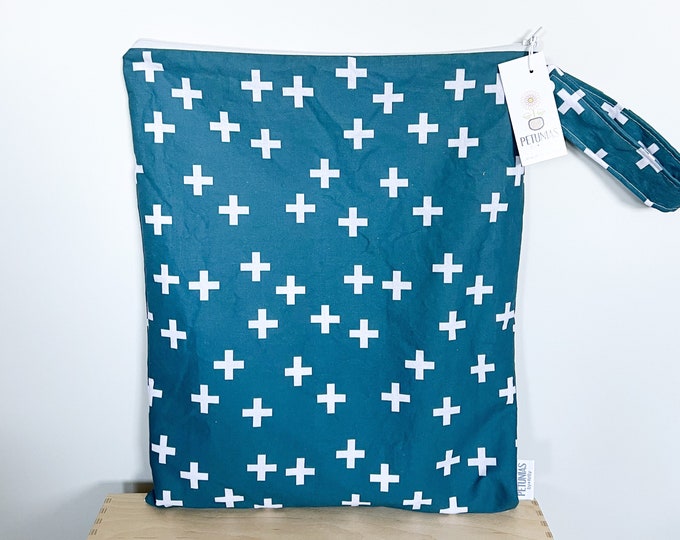 The ICKY Bag XL - wetbag - PETUNIAS by Kelly -  Indie Designer Fabric Series - teal cross