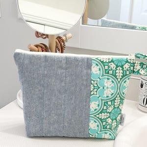 Quilted Cosmetic Bag | Puff Makeup Bag | Large Toiletry Pouch | Gift for Her | Waterproof Zipper Bag | Everyday Organizer Bag | Chambray
