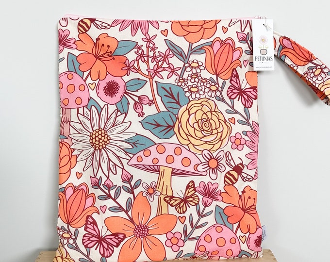 The ICKY Bag XL - wetbag - PETUNIAS by Kelly -  Indie Designer Fabric Series - pink mushroom floral