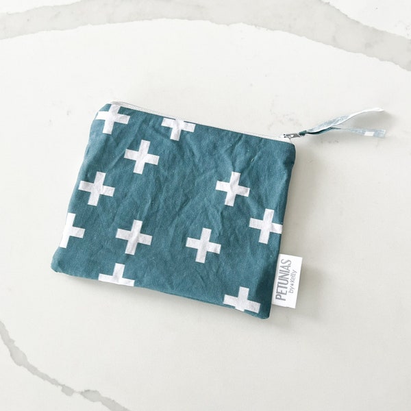 The ICKY Bag mini pouch - wetbag - PETUNIAS by Kelly - Indie Designer Fabric Series - teal cross