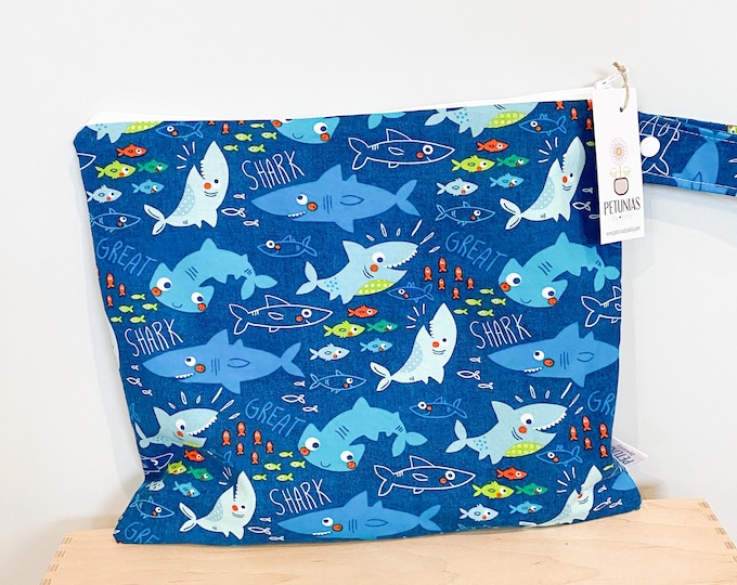 Medium Wet Bag for Everyday Use | Reusable Wetbag for Diapers, Travel, Swim, Gym, Makeup & Toiletries | Eco-Friendly Storage | Blue Sharks
