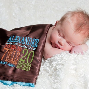 Little Fluffy Blanket minky satin birth stats personalized embroidery newborn gift photo prop baby blanket lovie lovey monogram image 2