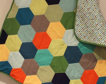Handmade Hexagon Baby Quilt | Heirloom Quality Patchwork Blanket | Nursery Bedding | Newborn Gift | Baby Shower Keepsake