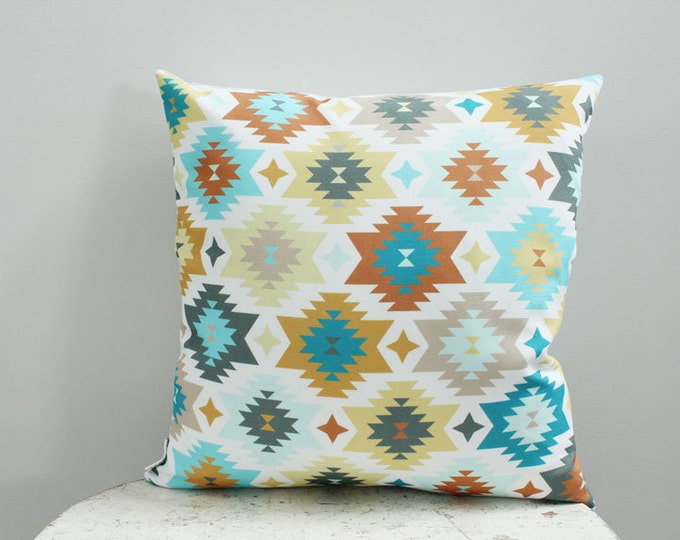 SALE Pillow cover turquoise aztec 18 inch 18x18 modern hipster accessory home decor nursery baby gift present zipper canvas ready to ship