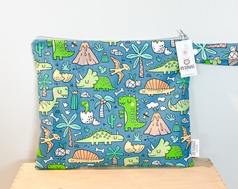 The ICKY Bag - wetbag - PETUNIAS by Kelly - Indie Designer Fabric Series - teal dinosaur land