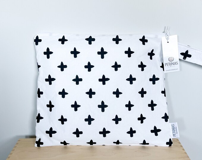The ICKY Bag - wetbag - PETUNIAS by Kelly - Indie Designer Fabric Series - black and white cross