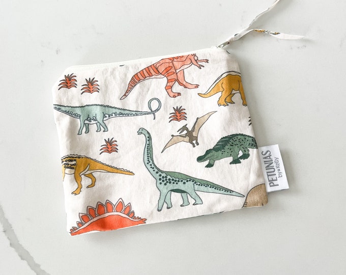 The ICKY Bag mini pouch - wetbag - PETUNIAS by Kelly - Indie Designer Fabric Series - teal dinosaurs