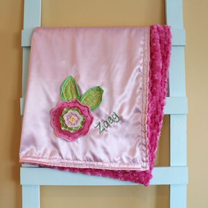 personalized Large Fluffy Blanket minky satin 3d flower embroidery newborn gift photo prop baby blanket monogram image 2