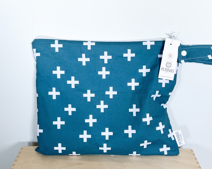 The ICKY Bag - wetbag - PETUNIAS by Kelly - Indie Designer Fabric Series - teal cross