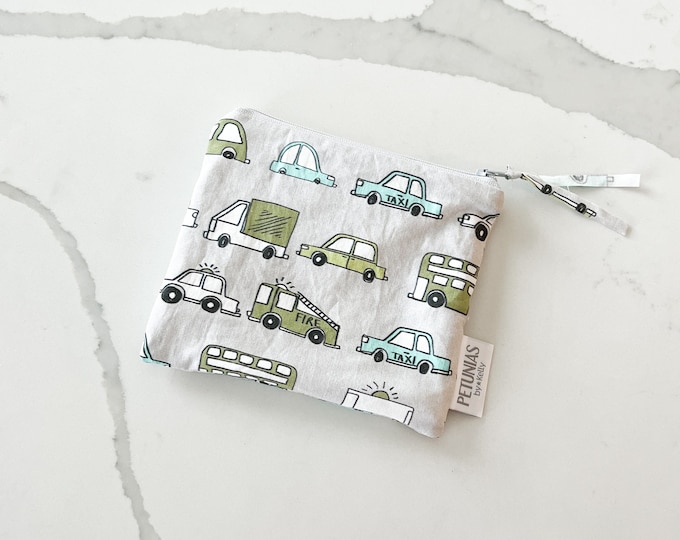 The ICKY Bag mini pouch - wetbag - PETUNIAS by Kelly - Indie Designer Fabric Series - grey olive automobiles