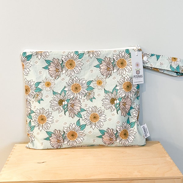 The ICKY Bag - wetbag - PETUNIAS by Kelly - Indie Designer Fabric Series - mint sunflower