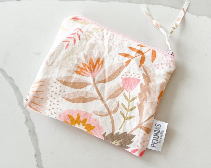 The ICKY Bag mini pouch - wetbag - PETUNIAS by Kelly - Indie Designer Fabric Series - camel coral harvest floral