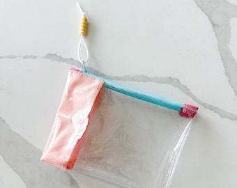 Clear Vinyl Zipper Pouch with Colorful Fabric Accents | Handmade Organizer for Travel, School, and Everyday Essentials | Small Bag