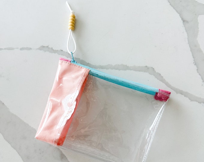 Clear Vinyl Zipper Pouch with Colorful Fabric Accents | Handmade Organizer for Travel, School, and Everyday Essentials | Small Bag