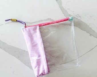 Clear Zipper Pouch with Fabric Pop | Durable and Stylish Transparent Bag for Beauty, Office, and Accessories | Large Bag