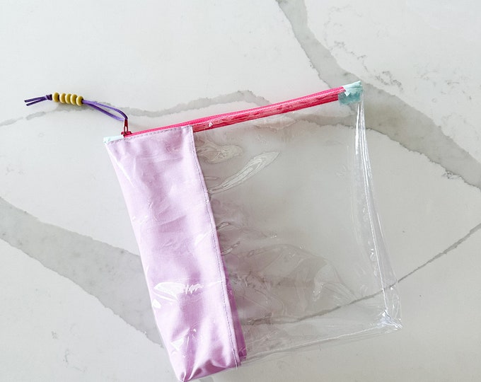 Clear Zipper Pouch with Fabric Pop | Durable and Stylish Transparent Bag for Beauty, Office, and Accessories | Large Bag
