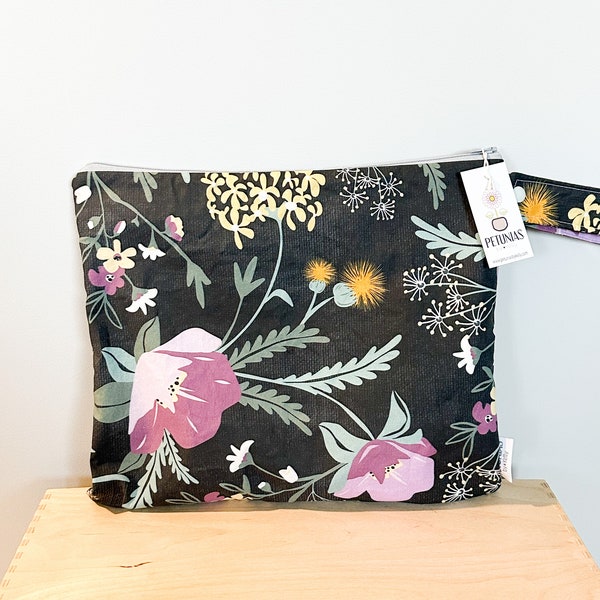 The ICKY Bag - wetbag - PETUNIAS by Kelly - Indie Designer Fabric Series - grey purple floral sprigs