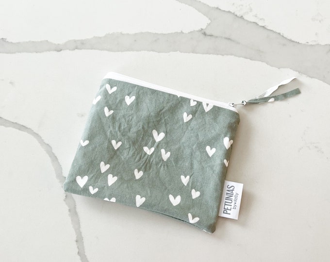 The ICKY Bag mini pouch - wetbag - PETUNIAS by Kelly - Indie Designer Fabric Series - sage green hearts