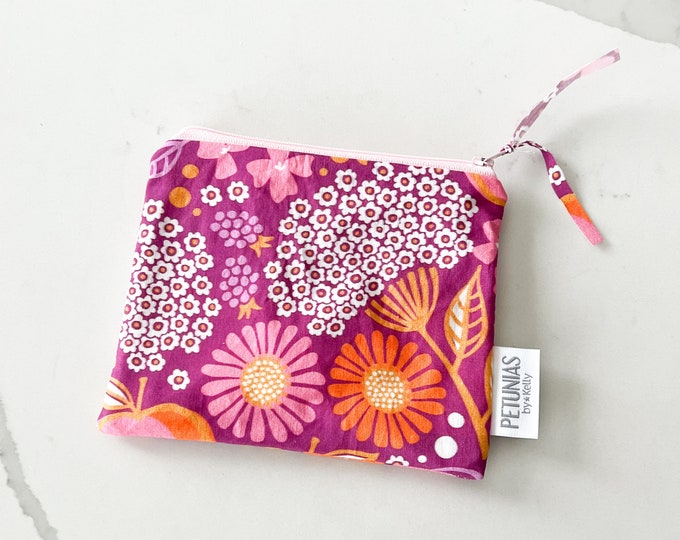 The ICKY Bag mini pouch - wetbag - PETUNIAS by Kelly - Indie Designer Fabric Series - plum blossom