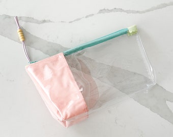 Handmade Clear Vinyl Zipper Pouch | Trendy Organizer with Colorful Fabric for Makeup, Tech, and Crafts | Medium Bag