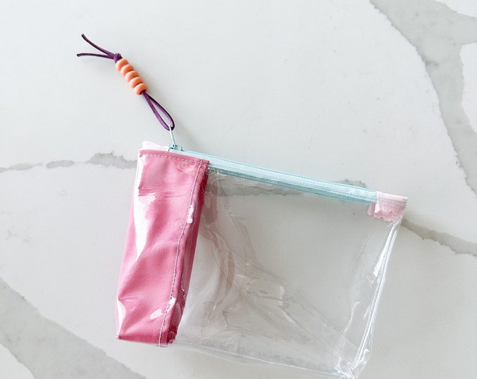 Colorful Fabric Trim Clear Pouch | Handmade Vinyl Zipper Bag for Travel, Office, and School Essentials | Small Bag