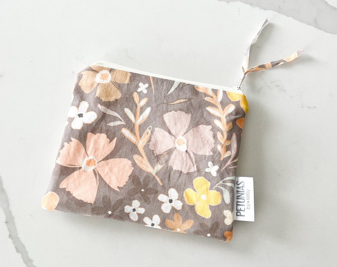 The ICKY Bag mini pouch - wetbag - PETUNIAS by Kelly - Indie Designer Fabric Series - mocha meadow flowers
