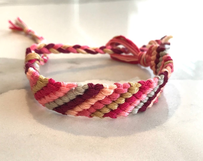 Friendship bracelet stripe boho pink turquoise teal coral woven summer style stackable handmade chunky knots