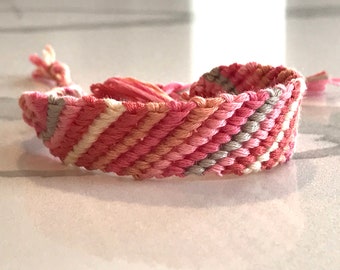 Friendship bracelet stripe boho pink turquoise teal coral woven summer style stackable handmade chunky knots