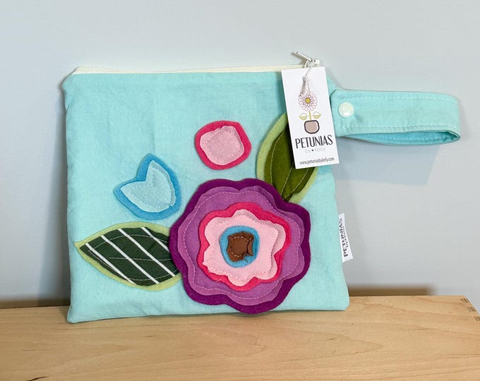 Small Wet Bag for Everyday | Reusable Wetbag for Cloth Diapers, Travel, Swim, Makeup & Toiletries | Eco-Friendly Storage | Flower Applique
