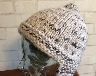 Warm White and Black Earflap Hat with Strings