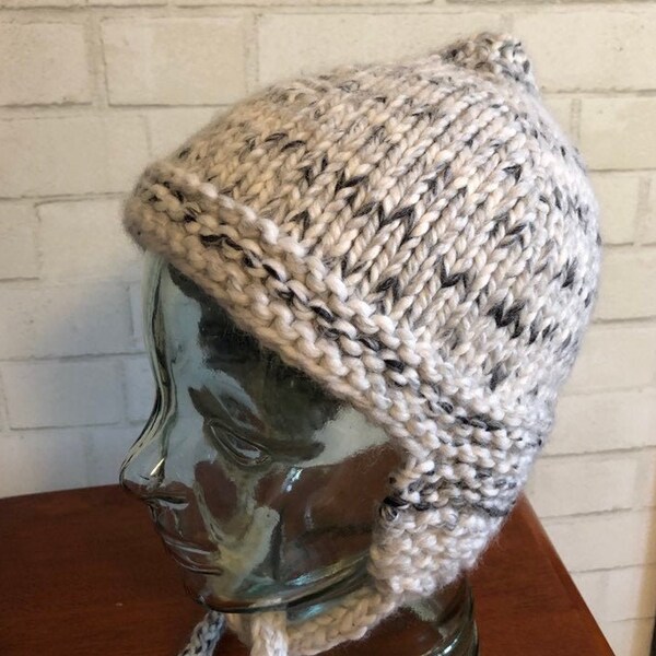 Warm White and Black Earflap Hat with Strings