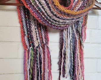 Fun Fringed Wide MultiColored Scarf - Hand Knit - Blend yarns