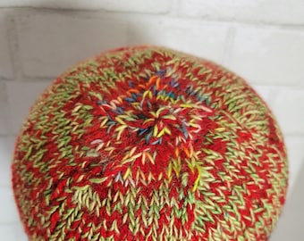 Red and Green Beanie Hat Silk and Wool