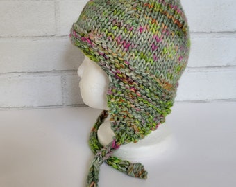 Green & Pink Baby Earflap Hat with strings