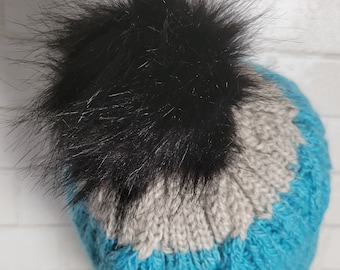 Blue and Gray Cabled Alpaca Hat with Pom