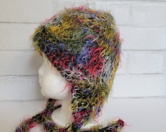 Warm Black & Multi-Colored Earflap Hat with Strings