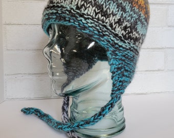 Large Blue and Orange Wool Earflap Hat