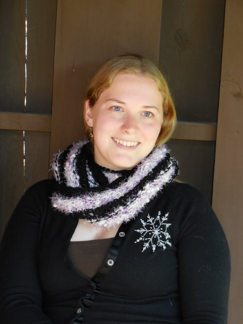 Infinity Loop Wool and Flash Scarf - Warm Hand Knit Black and Purple Moebius 