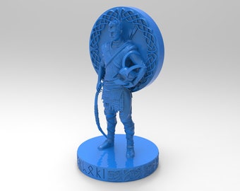 May include: A blue plastic figurine of a person holding a shield and a bow and arrow. The shield has a Celtic knot design and the base of the figurine has the word "Larki" written in runes.