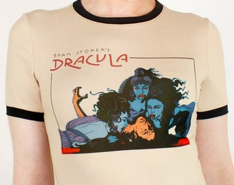 Dracula Vampire Brides Cream Horror Movie Ringer Shirt Top Blouse Crew Neck Goth Fashion