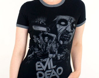 Evil Dead Dress Ringer T Shirt Upcycled Horror Movie Top Halloween Goth Street Style Fashion Emo Metal Chucky Freddy Jason